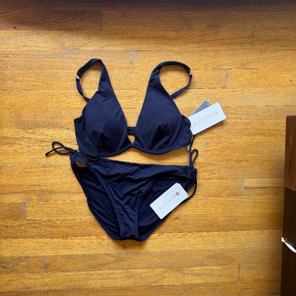 NWT Athleta 36 D/DD Bra Cup Bikini Top & Bottom (L) Navy
